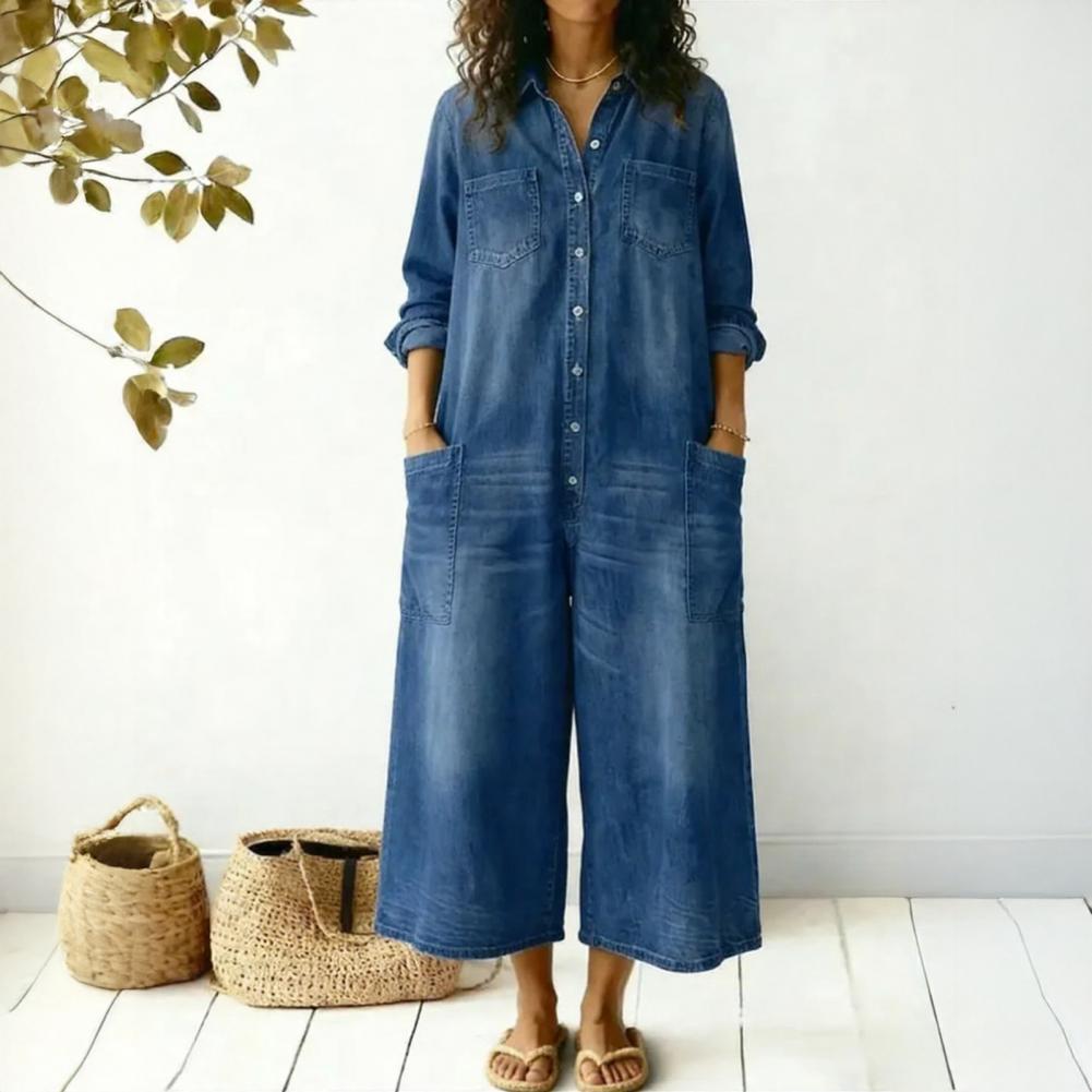 Women'S Formal Wear Jumpsuit - Damen Oversize-Jeans-Jumpsuit mit Langen Ärmeln, Knopfleiste