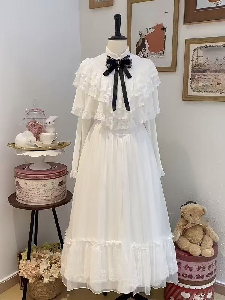 Women Formal Wear With Skirt - Japanisches Kurzarm-Spitzenkleid mit Schleife, weiß, schmaler