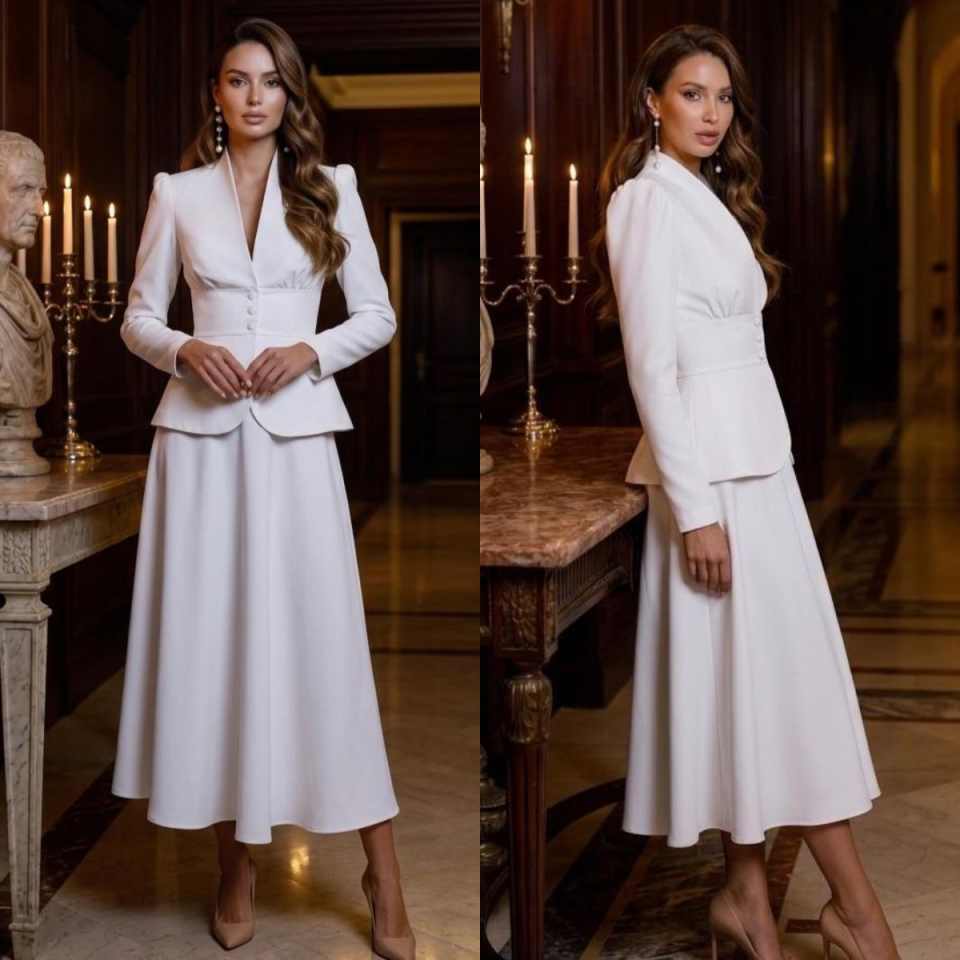 Women Formal Wear With Skirt - Elegantes Zweiteiler-Damenanzug-Set mit Spitzrevers-Blazer und Midi-Schlagrock